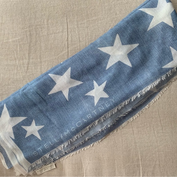 STELLA MCCARTNEY Blue Silk Scarf, Star ⭐️ Motif with Fringe Ends - Picture 11 of 14